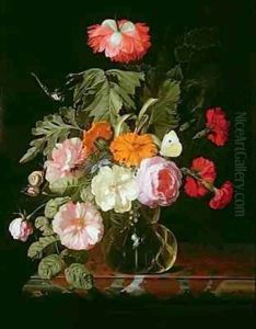 Roses peonies and love in a mist in a glass vase with a white butterfly by Isaak Denies