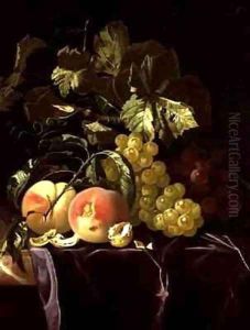 Still Life of fruit nuts and leaves on velvet cloth by Isaak Denies