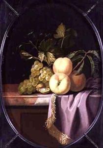 Peaches Grapes and Walnuts on a Draped Ledge by Isaak Denies