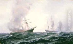 A ship on fire at sea with another standing by by Jean Baptiste Henri Durand-Brager