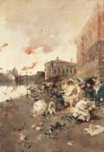 Elegant Figures At The Entrance To The Piazzetta, Venice, With The Doge's Palace Beyond by Manuel Ramirez - Ibanez