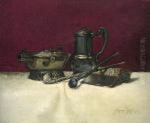 Still Life Of Pipes, An Open Book, A Metal Pitcher And A Brazier