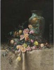 Roses And An Oriental Vase On A Brocade Tablecloth Roses And An Oriental Vase On A Brocade Tablecloth