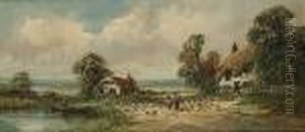 Figures And Chickens By A Cottage - view 1