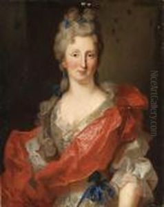 Portrait Of A Lady, Said To Be 
Madame L.a. De Crozat, Marchale Debroglie, Half Length, In A White Dress
 And A Red Drape by Jean Ranc
