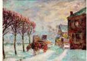 Attelage Sur La Place De Village Enneigee, Aubin-sur-oise, Circa 1895 by Richard Ranft