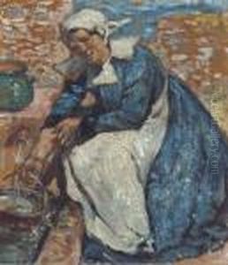 Une Femme Assise Prenant De L'eau A Une Fontaine Une Femme Assise Prenant De L'eau A Une Fontaine
