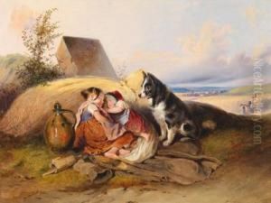 Die Von Einem Hund Bewachtemittagsrast Zweier Kinder Auf Dem Feld by Johann Matthias Ranftl