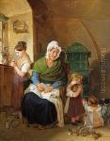 Grosmutter Mit Drei Kindern In Der Stube - view 1