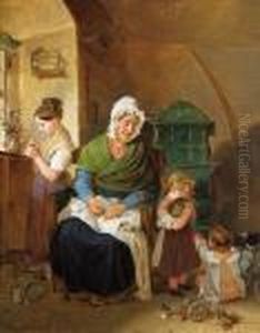 Grosmutter Mit Drei Kindern In Der Stube by Johann Matthias Ranftl