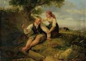 Zwei Kinder Mit Vogelkafig by Johann Matthias Ranftl