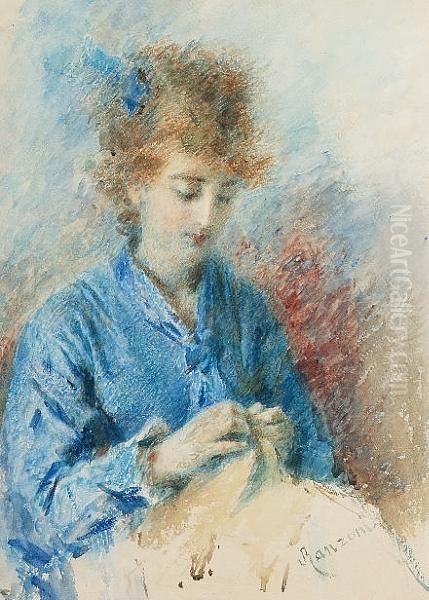 A Young Lady Sewing - view 1