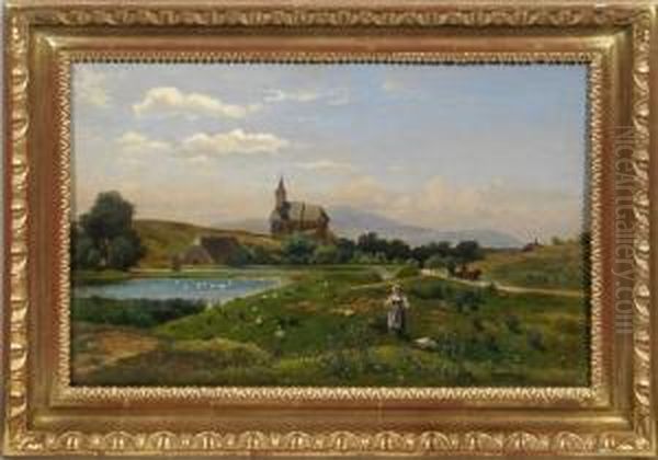 Gansehirtin In Sommerlicher Landschaft Mit Dorfkirche - view 1
