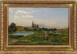 Gansehirtin In Sommerlicher Landschaft Mit Dorfkirche