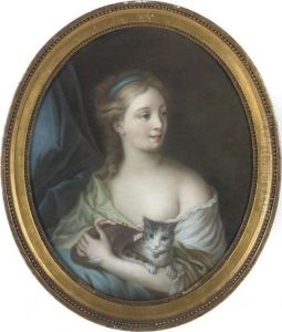 Portrait Of A Young Girl,
Bust-length, Holding Her Cat; Andportrait Of A Young Girl, Bust-length,
In A White Dress by Jean Raoux