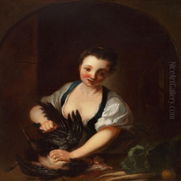Kitchen Scene With Young Girl Plucking A Bird - view 1