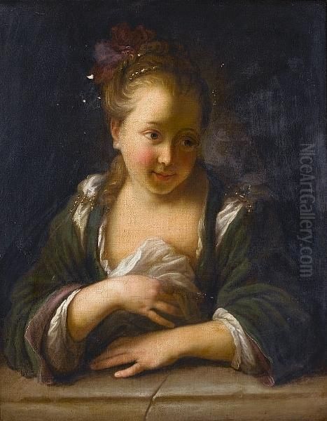 A Young Woman In A Green Dress And A Jewelled Headdress Leaning On A Stone Ledge - view 1