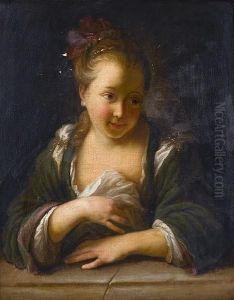 A Young Woman In A Green Dress And A Jewelled Headdress Leaning On A Stone Ledge
