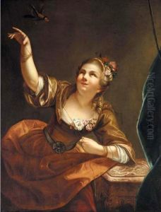 An Interior With A Young Girl Playing Witha Song Bird