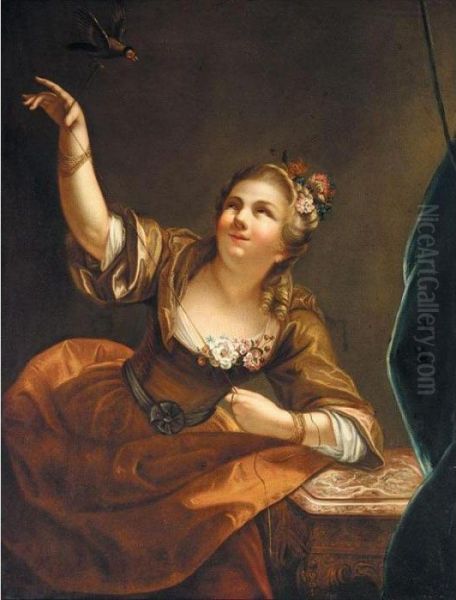An Interior With A Young Girl Playing With A Song Bird - view 1