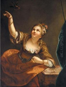 An Interior With A Young Girl Playing With A Song Bird