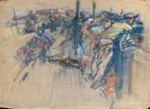 Figures On A Bridge, An Industrial Site In The Background by Joseph Morris Raphael
