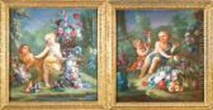 Due Composizioni Con Fiori E Putti