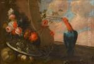 A Peahen Beside A Stone Column 
With A Basket Of Grapes, Peaches And Pomegranates With Pears And Other 
Fruit In A Landscape; And A Pewter Dish Of Grapes With Roses, 
Chrysanthemums And Other Flowers Before The Base Of A Column With An 
Exotic Bird Ne by Michele Antonio Rapous
