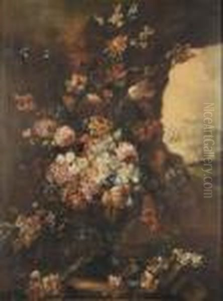 Coppia Di Nature Morte Con Vaso Di Fiori Entro Paesaggio - view 1