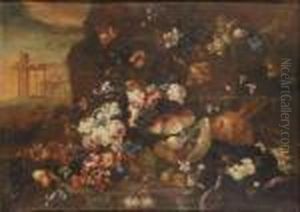Coppia Di Nature Morte Con Vaso Di Fiori Entro Paesaggio by Michele Antonio Rapous