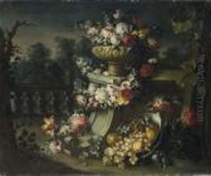 Vaso Con Fiori, Una Ghirlanda Di
Fiori E Un Bacile Con Pere Ed Uva,in Un Giardino All'italiana by Michele Antonio Rapous