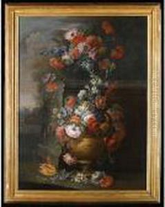 Still Life With Two Vases Of Various Flowers In A Landscape by Michele Antonio Rapous