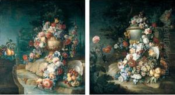 Still Life Of A Garland Of
Flowers Draped On An Urn, Together With Peaches, Grapes And Other Fruit
In An Upturned Bowl, All In A Garden Setting - view 1