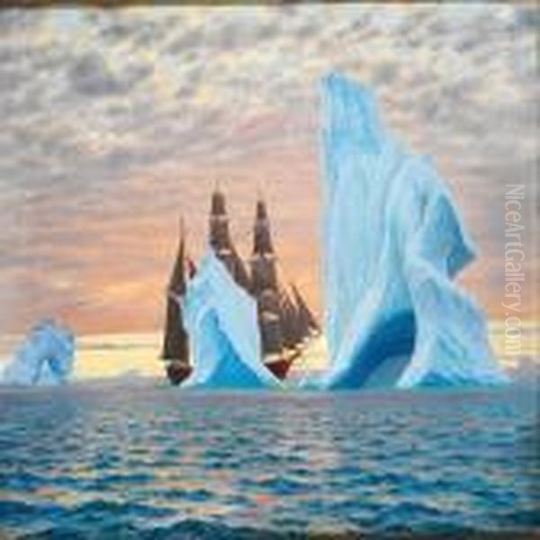 Sailing Ship Amidst Icebergs At Sunset - view 1