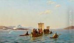 Gronland-landschaft Mit Inuit In Kleinen Segelbooten Undkajaks