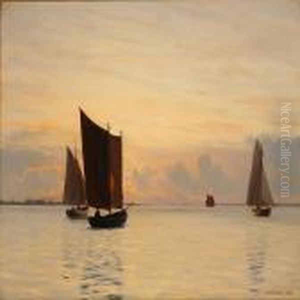 Sailing Ships Inthe Sunset, Presumably In The Archipelago South Of Funen - view 1