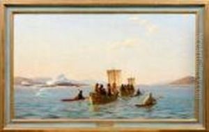 Gronland-landschaft Mit Inuit In Kleinen Segelbooten Und Kajaks