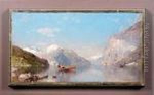Sonnenbeschienener Fjord Mit Rudernden Fischern by Georg Anton Rasmussen