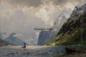 Fjordparti Med Seilbat Og Dampskip