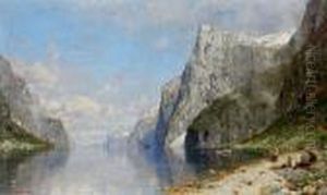Sommerliche Fjordlandschaft Mit Kindern Am Strand by Georg Anton Rasmussen