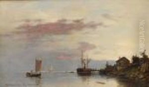 Fjordlandskap Med Bater Og Folkeliv 1881
