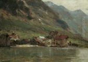 Norwegische Fjordlandschaft Mit Einem Dorf Am Wasser. by Georg Anton Rasmussen