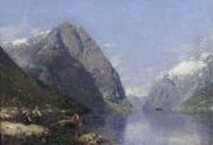 A Norwegian Fjord In Summer, With Children Fishing In The Foreground by Georg Anton Rasmussen