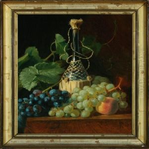 Still Life With Wine Bottle, Peach And Grapes