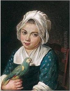 A Young Girl Holding A Green Parrot by Antoine Raspal