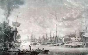 View towards London Bridge from a boat moored near the Tower of London by Robert Dodd