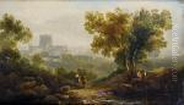 Travellers On A Country Path, An Abbey On The Horizon - view 1