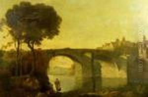 Fisherman On A Riverbank With Arched Stone Bridge And Distantmountain Beyond