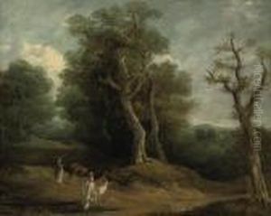 A Wooded Landscape With A Drover And Her Cattle On A Track