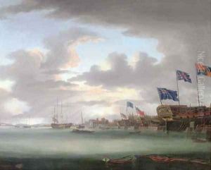 A view of Blackwall, with part of the Dockyard, at the launching of the Bombay Castle, 74 guns, built at the expense of the Hon. East India Company by Robert Dodd
